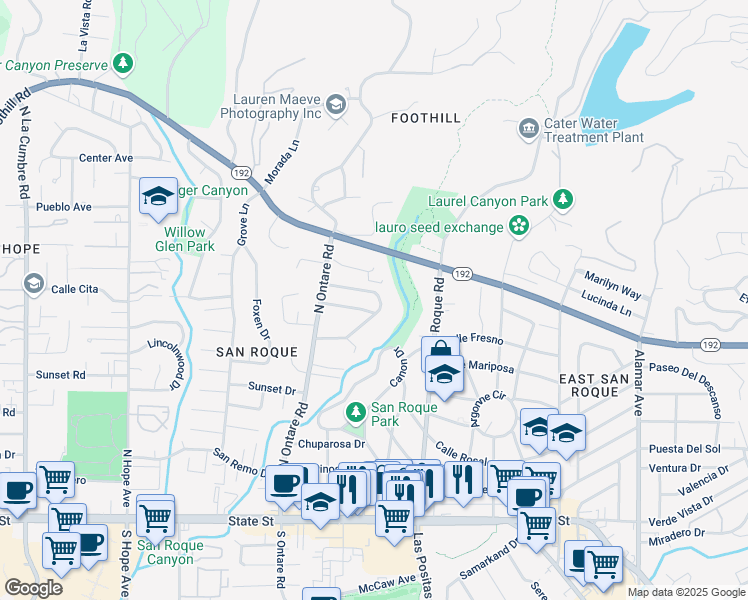map of restaurants, bars, coffee shops, grocery stores, and more near 126 Saint Francis Way in Santa Barbara