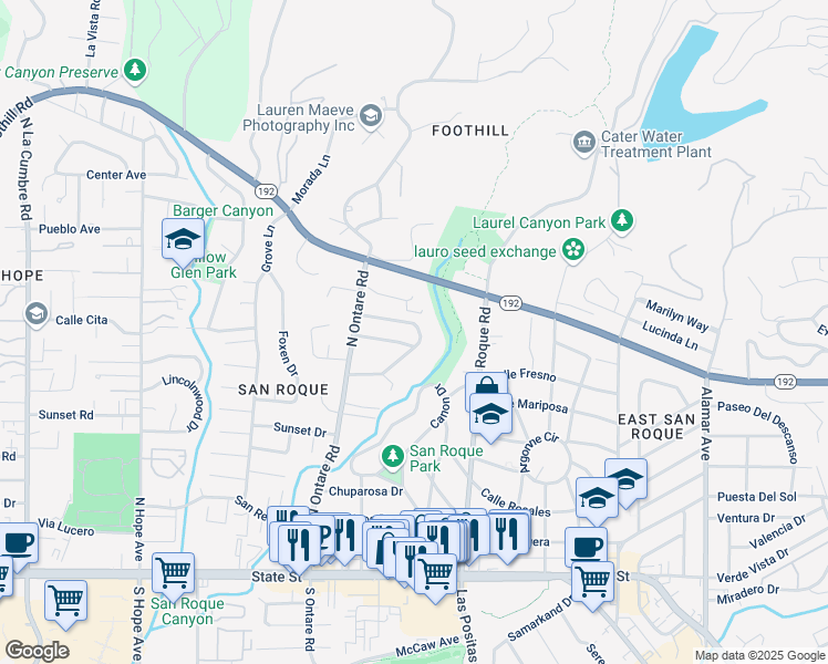 map of restaurants, bars, coffee shops, grocery stores, and more near 126 Saint Francis Way in Santa Barbara