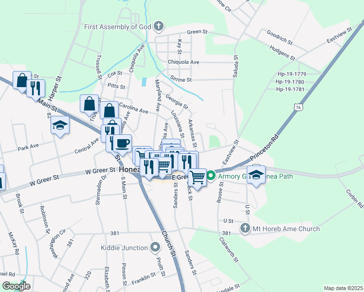 map of restaurants, bars, coffee shops, grocery stores, and more near 500 Laurel Street in Honea Path