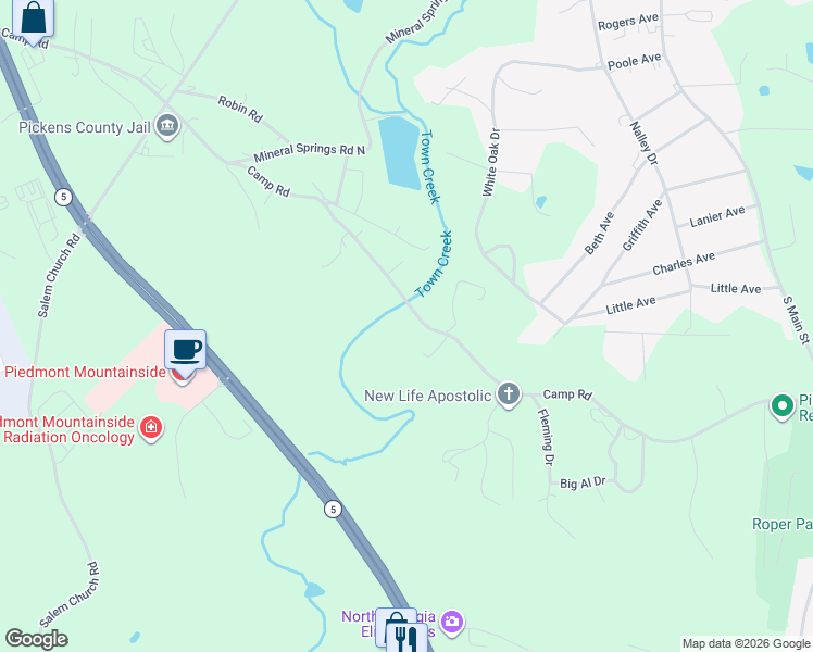 map of restaurants, bars, coffee shops, grocery stores, and more near 2267 Camp Road in Jasper