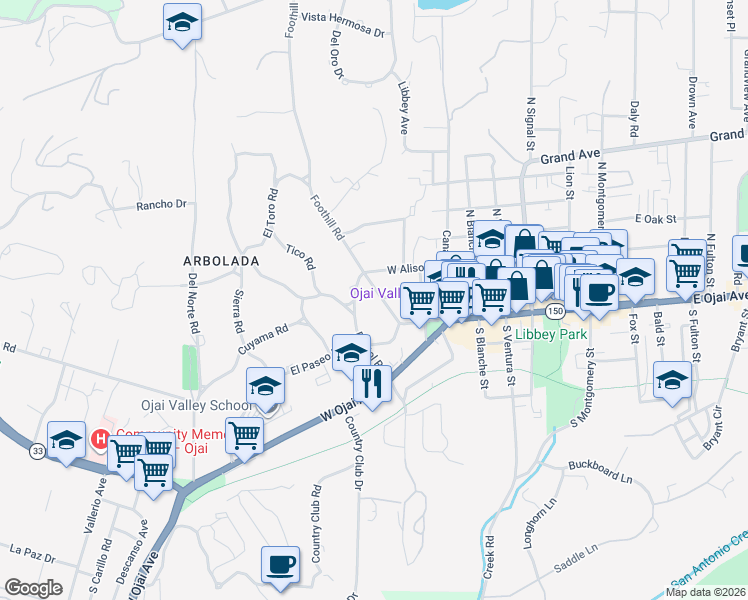 map of restaurants, bars, coffee shops, grocery stores, and more near 203 Foothill Road in Ojai