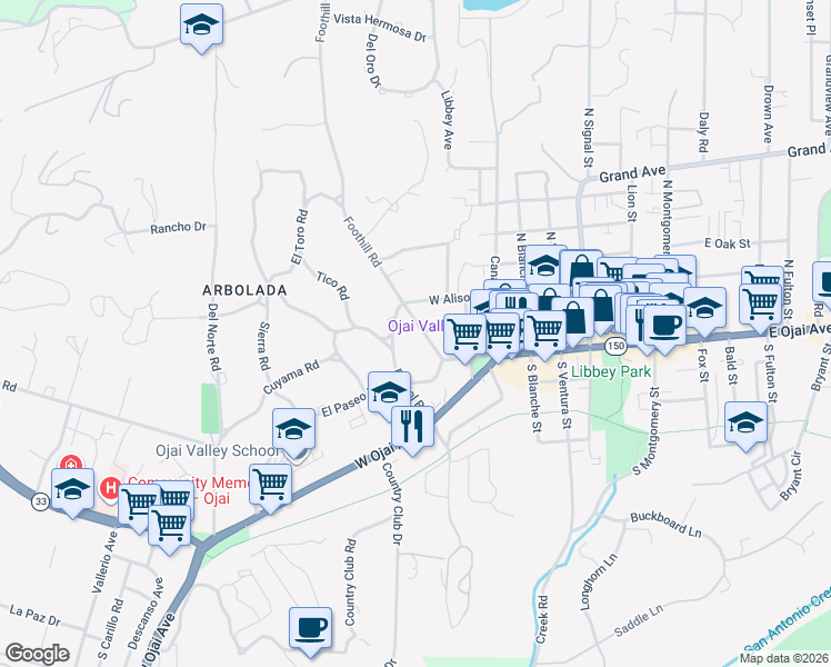 map of restaurants, bars, coffee shops, grocery stores, and more near 114 Bristol Road in Ojai