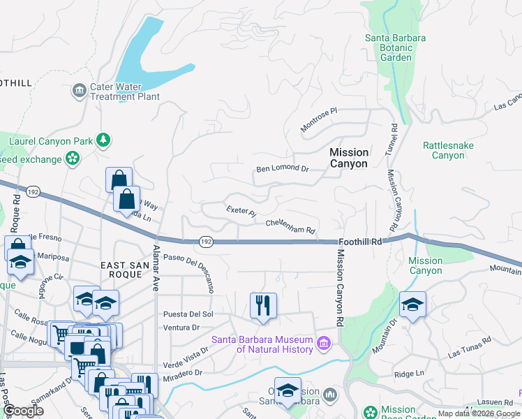 map of restaurants, bars, coffee shops, grocery stores, and more near 844 Cheltenham Road in Santa Barbara