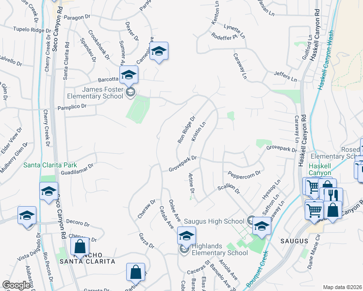 map of restaurants, bars, coffee shops, grocery stores, and more near 27654 Ron Ridge Drive in Santa Clarita