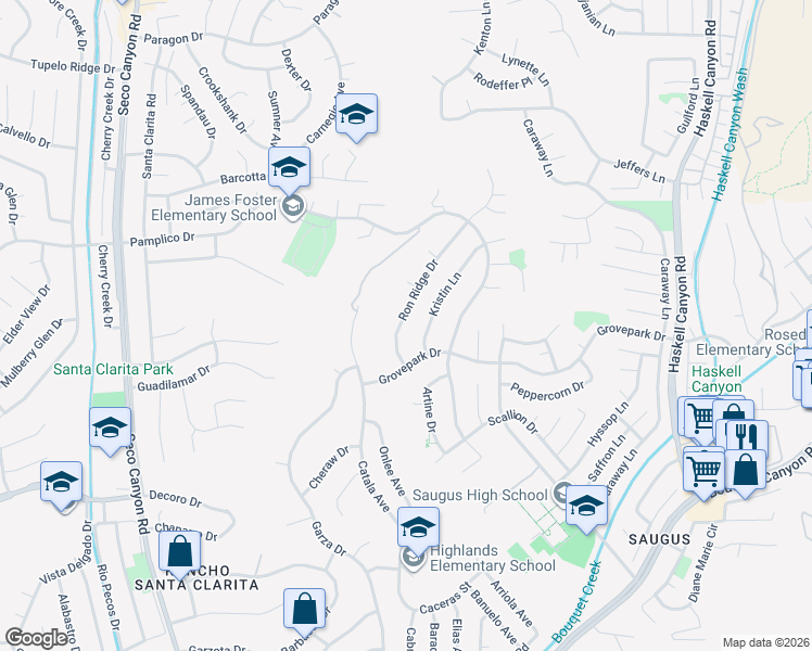 map of restaurants, bars, coffee shops, grocery stores, and more near 27654 Ron Ridge Drive in Santa Clarita