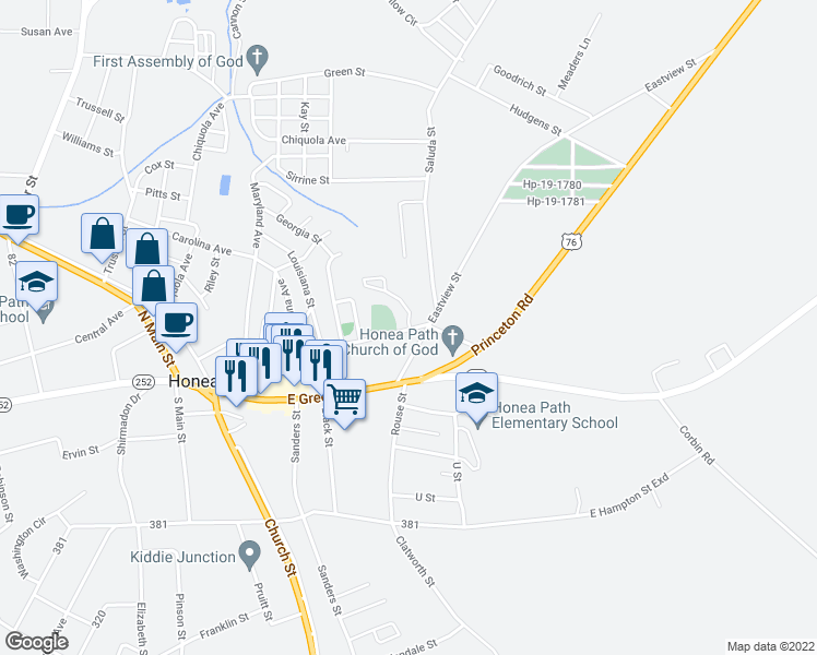 map of restaurants, bars, coffee shops, grocery stores, and more near Peachtree Street in Honea Path