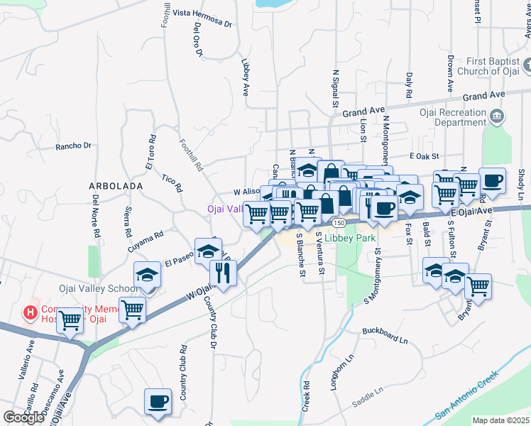 map of restaurants, bars, coffee shops, grocery stores, and more near 309 West Matilija Street in Ojai