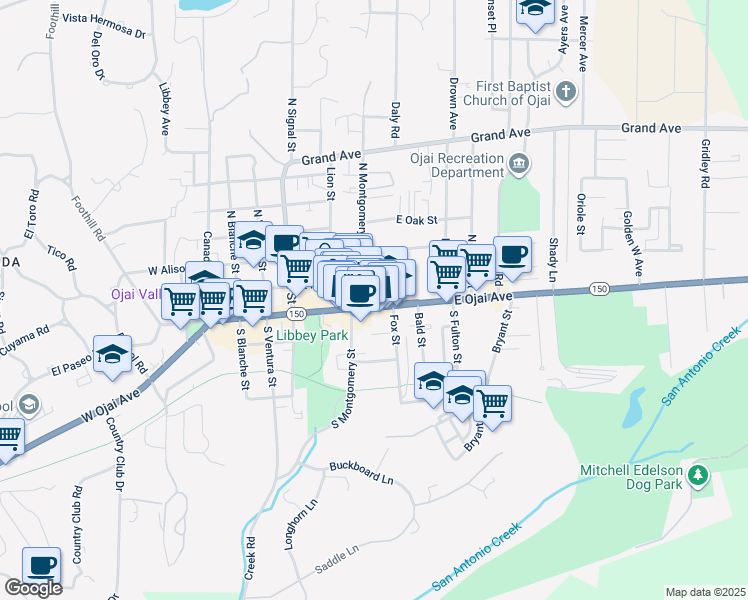 map of restaurants, bars, coffee shops, grocery stores, and more near 416 East Ojai Avenue in Ojai