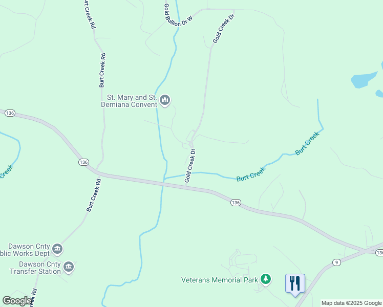 map of restaurants, bars, coffee shops, grocery stores, and more near 8 Gold Dust Drive in Dawsonville