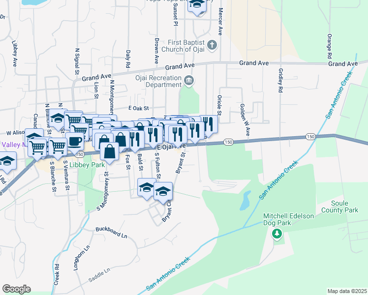 map of restaurants, bars, coffee shops, grocery stores, and more near 815 East Ojai Avenue in Ojai