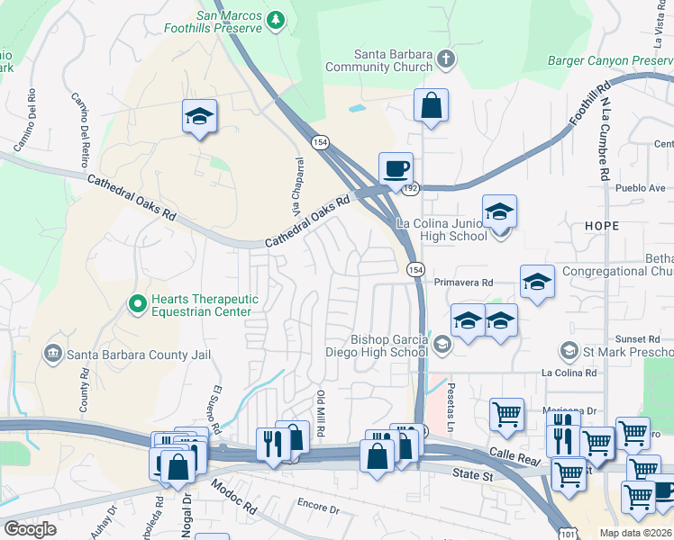 map of restaurants, bars, coffee shops, grocery stores, and more near 340 Old Mill Road in Santa Barbara