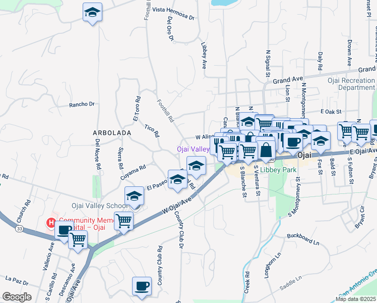 map of restaurants, bars, coffee shops, grocery stores, and more near 203 Foothill Road in Ojai