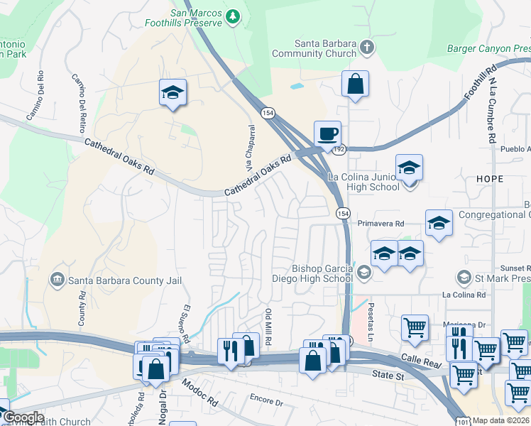 map of restaurants, bars, coffee shops, grocery stores, and more near 340 Old Mill Road in Santa Barbara
