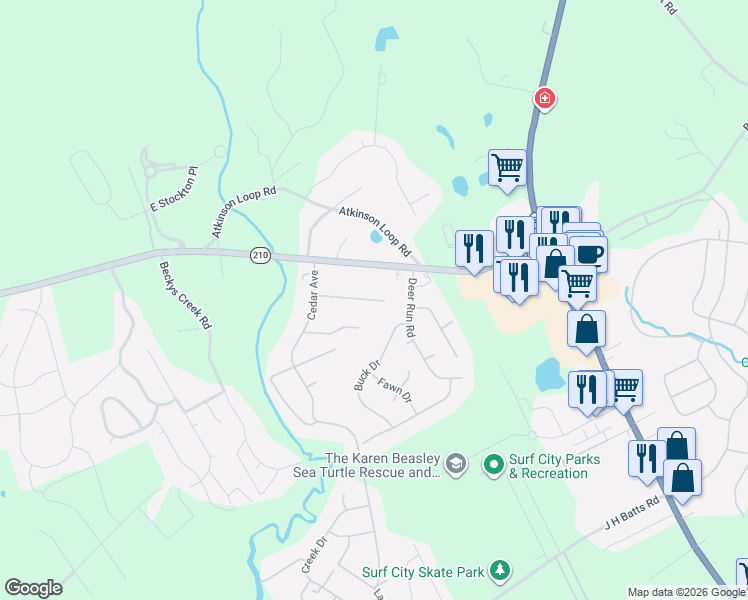 map of restaurants, bars, coffee shops, grocery stores, and more near 2400 Nc Highway 210 E in Hampstead