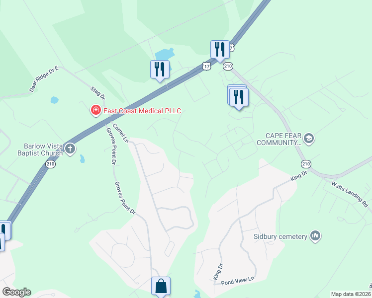 map of restaurants, bars, coffee shops, grocery stores, and more near 112 Osier Drive in Hampstead