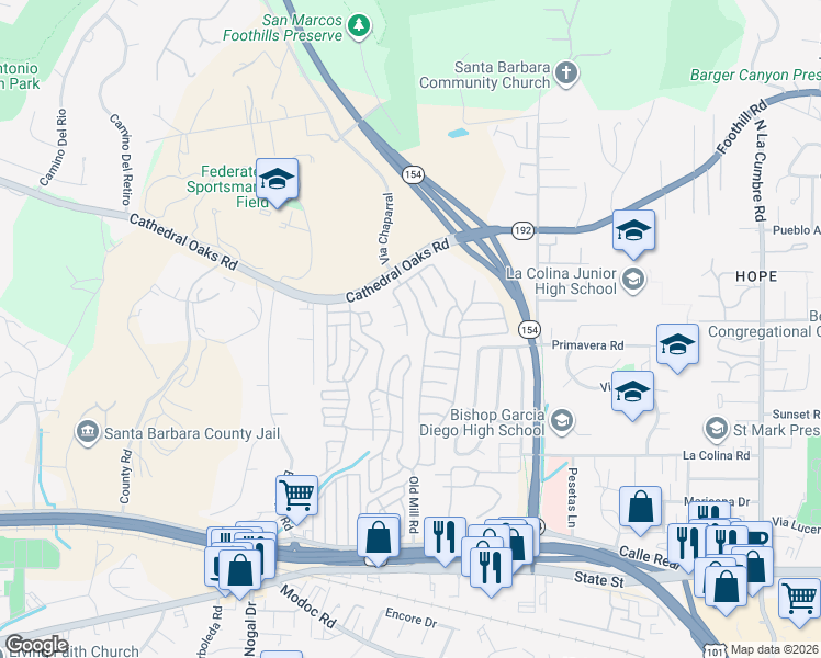 map of restaurants, bars, coffee shops, grocery stores, and more near 340 Old Mill Road in Santa Barbara