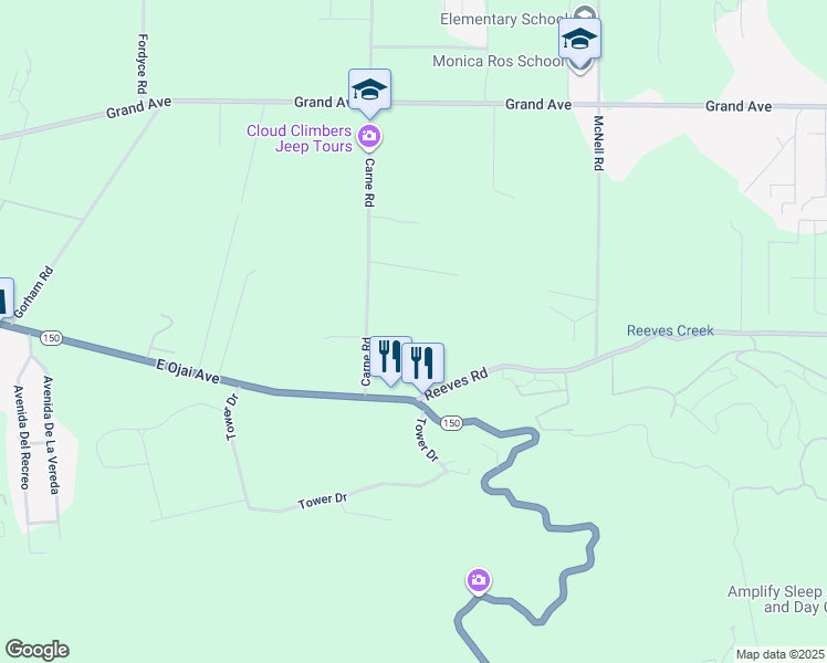 map of restaurants, bars, coffee shops, grocery stores, and more near 3359 Reeves Road in Ojai