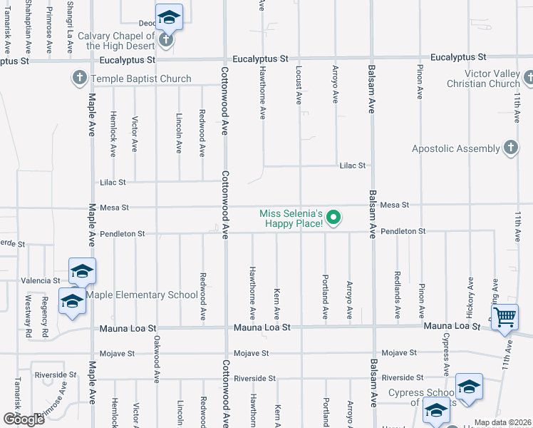 map of restaurants, bars, coffee shops, grocery stores, and more near 15010 Mesa Street in Hesperia