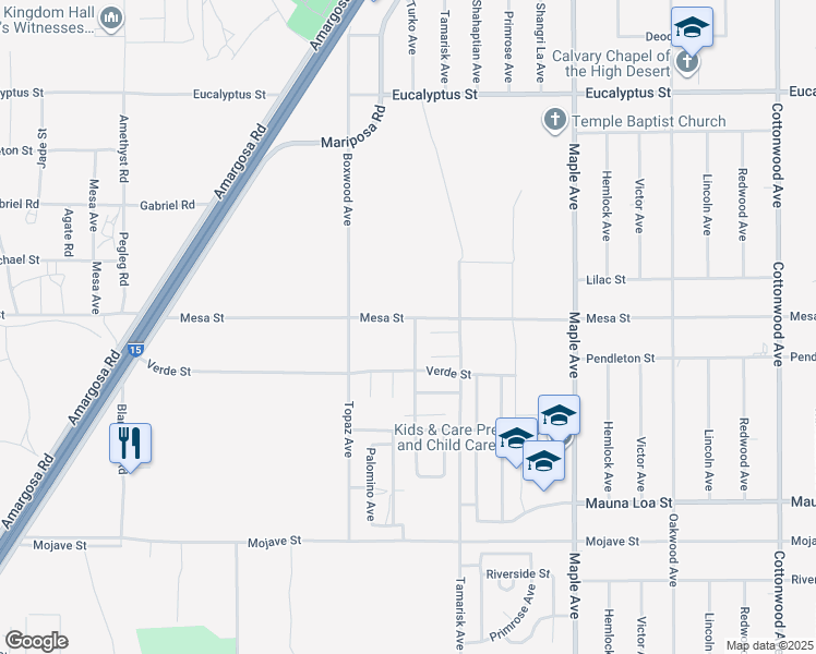 map of restaurants, bars, coffee shops, grocery stores, and more near Quarter Horse Avenue in Hesperia