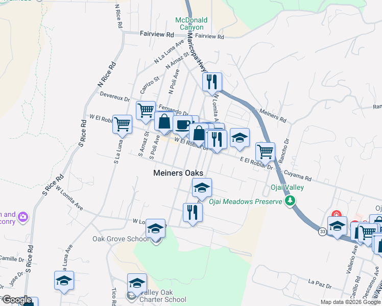 map of restaurants, bars, coffee shops, grocery stores, and more near 124 South Padre Juan Avenue in Ojai