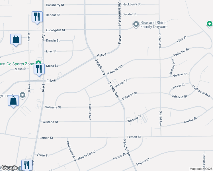 map of restaurants, bars, coffee shops, grocery stores, and more near 10872 Peach Avenue in Hesperia