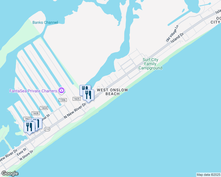 map of restaurants, bars, coffee shops, grocery stores, and more near 2254 Island Drive in Sneads Ferry