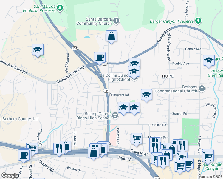 map of restaurants, bars, coffee shops, grocery stores, and more near 660 Cieneguitas Road in Santa Barbara