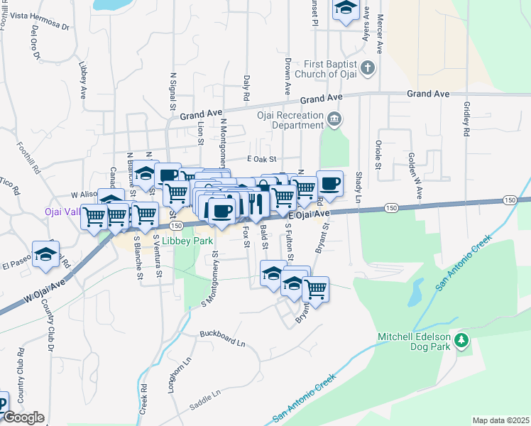 map of restaurants, bars, coffee shops, grocery stores, and more near 608 East Ojai Avenue in Ojai