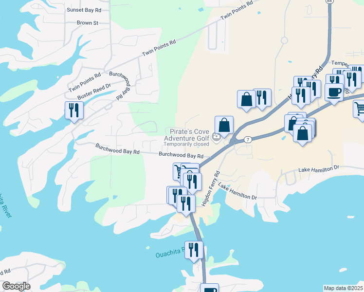 map of restaurants, bars, coffee shops, grocery stores, and more near 117 Brighton Terrace in Hot Springs