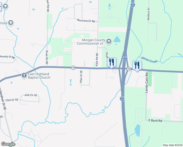 map of restaurants, bars, coffee shops, grocery stores, and more near 1600 Main Street East in Hartselle