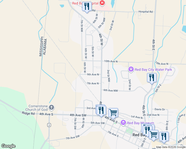 map of restaurants, bars, coffee shops, grocery stores, and more near 5th Street West in Red Bay