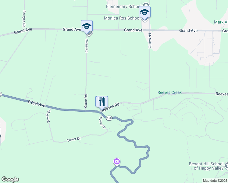 map of restaurants, bars, coffee shops, grocery stores, and more near 229 McNell Road in Ojai