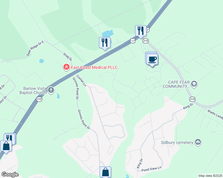 map of restaurants, bars, coffee shops, grocery stores, and more near 199 Bunchberry Court in Hampstead