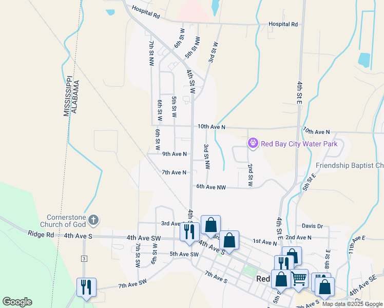map of restaurants, bars, coffee shops, grocery stores, and more near 701 4th Street West in Red Bay