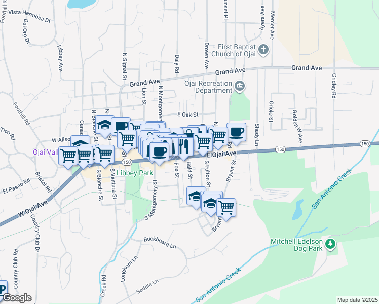 map of restaurants, bars, coffee shops, grocery stores, and more near 602 East Ojai Avenue in Ojai