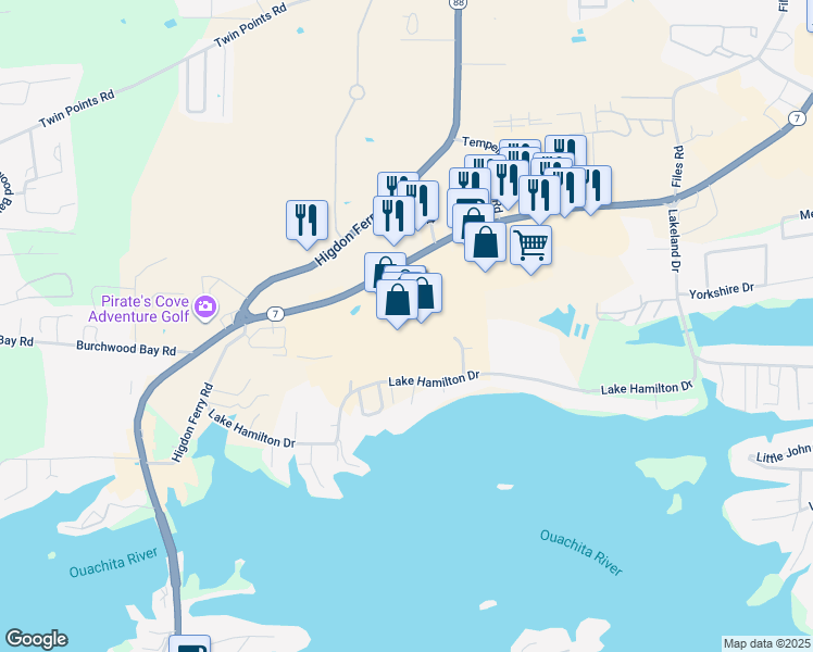 map of restaurants, bars, coffee shops, grocery stores, and more near 4501 Central Avenue in Hot Springs