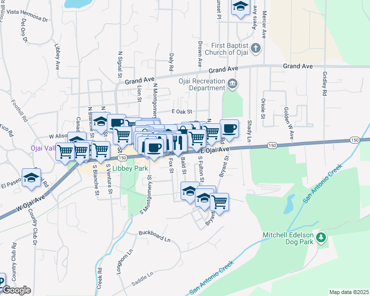 map of restaurants, bars, coffee shops, grocery stores, and more near 608 East Ojai Avenue in Ojai