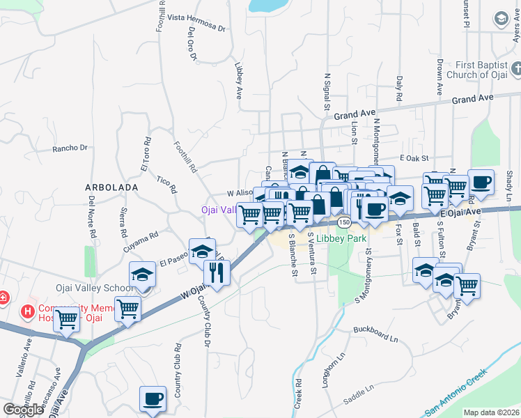 map of restaurants, bars, coffee shops, grocery stores, and more near 303 West Aliso Street in Ojai
