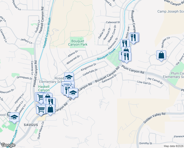 map of restaurants, bars, coffee shops, grocery stores, and more near 27828 Parkvale Drive in Santa Clarita
