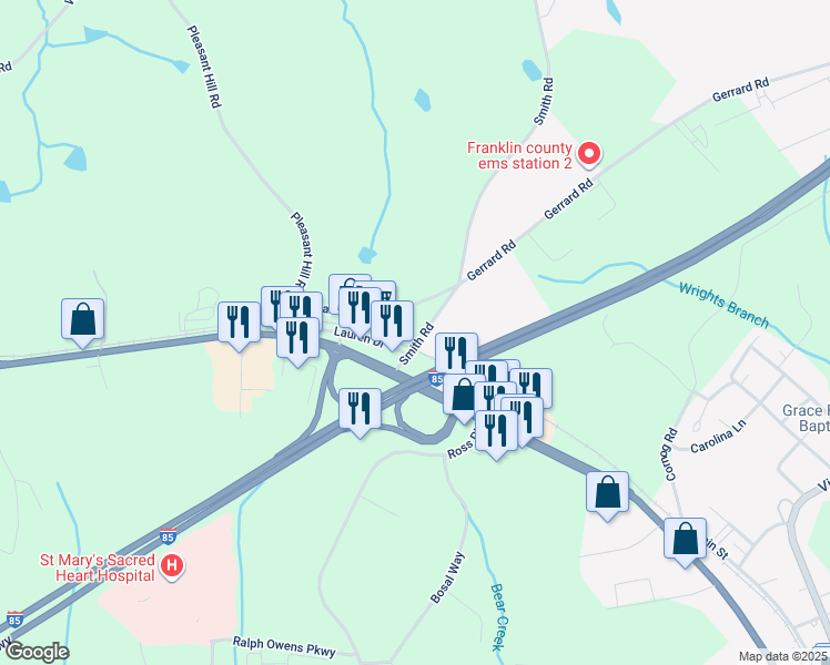 map of restaurants, bars, coffee shops, grocery stores, and more near 111 Smith Road in Lavonia