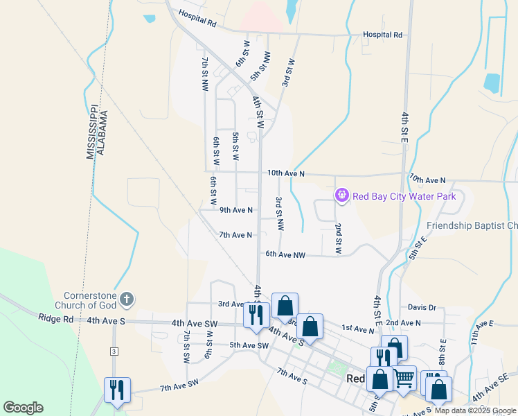 map of restaurants, bars, coffee shops, grocery stores, and more near 701 4th Street West in Red Bay