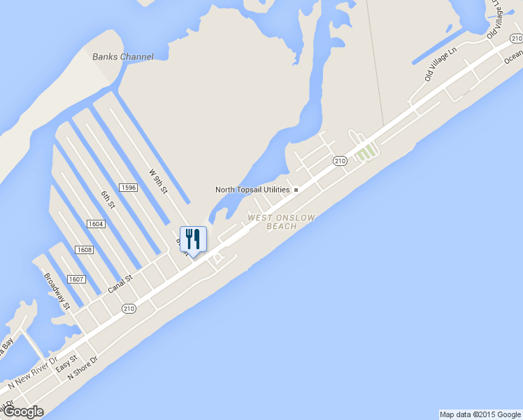 map of restaurants, bars, coffee shops, grocery stores, and more near 1316 Trout Street in North Topsail Beach