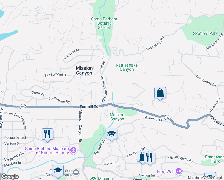 map of restaurants, bars, coffee shops, grocery stores, and more near 950 Andante Road in Santa Barbara