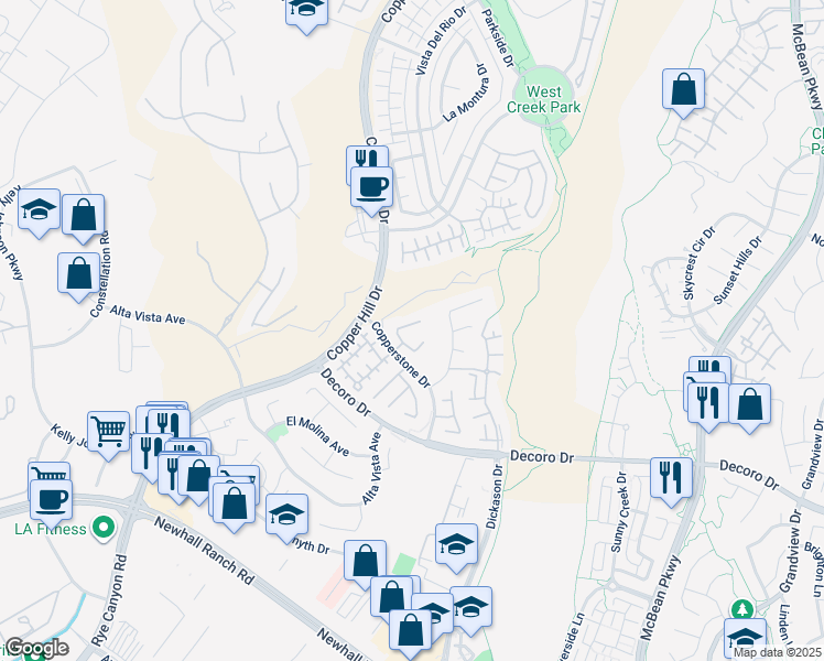 map of restaurants, bars, coffee shops, grocery stores, and more near 24320 Astor Racing Court in Santa Clarita
