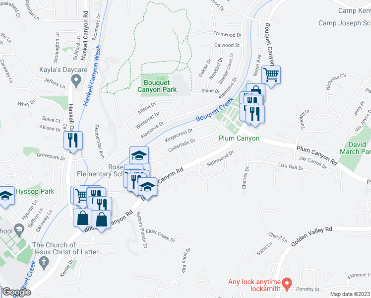 map of restaurants, bars, coffee shops, grocery stores, and more near 27828 Parkvale Drive in Santa Clarita