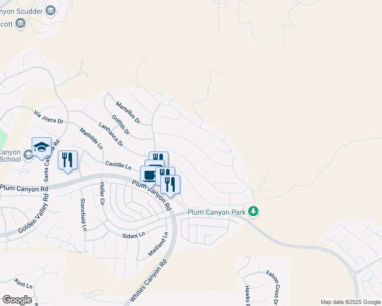 map of restaurants, bars, coffee shops, grocery stores, and more near 19220 Graham Lane in Santa Clarita