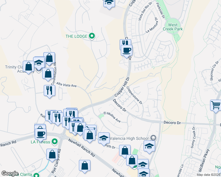 map of restaurants, bars, coffee shops, grocery stores, and more near 28107 North Anvil Court in Santa Clarita
