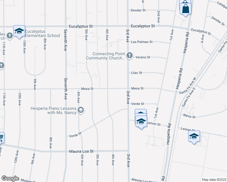 map of restaurants, bars, coffee shops, grocery stores, and more near 16336 Mesa Street in Hesperia