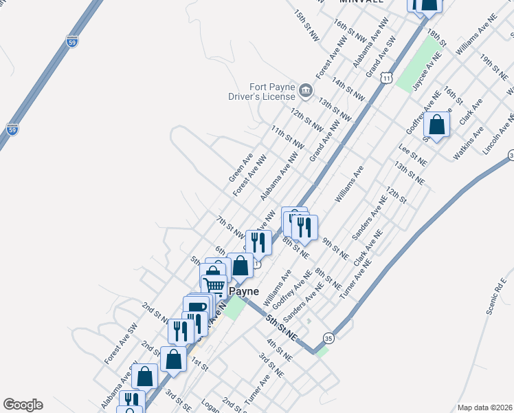 map of restaurants, bars, coffee shops, grocery stores, and more near 813 Alabama Avenue Northwest in Fort Payne