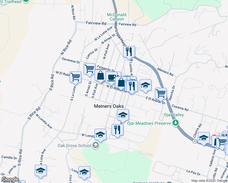 map of restaurants, bars, coffee shops, grocery stores, and more near in Meiners Oaks